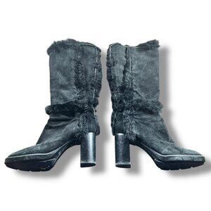 Aquatalia Italy Black Suede Fur Trim Heeled Boots